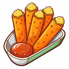 A colorful illustration of crispy snack rolls topped with creamy filling.