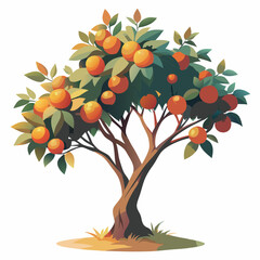 A vibrant illustration of an orange tree with ripe fruit and leaves.