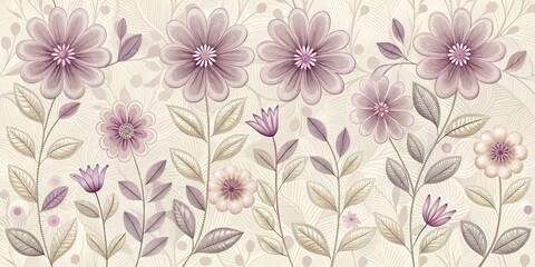 Delicate petal-shaped flowers in shades of pastel pink and lavender on a cream background with intricate stitching details