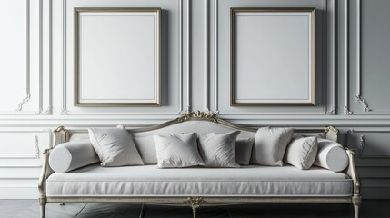 Modern living space with an elegant daybed and two mockup frames, each framed in 3D for a unique look.