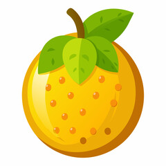 A stylized illustration of a yellow fruit with green leaves.