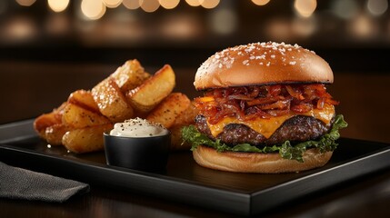 Gourmet Burger with Ribeye, Melted Cheese, Caramelized Onions and Lettuce Served with Crispy Slices, a Cup of Truffle Sauce and a Sprinkle of Sea Salt on a Shiny Black Tray Under Natural Light