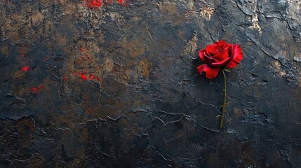 Single red rose on dark textured background; love, remembrance, sympathy
