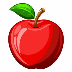 A vibrant red apple with a green leaf and brown stem.