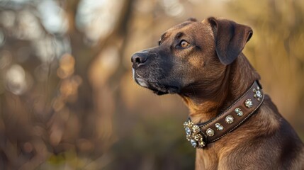 A close-up of a dog with a decorative collar, set against a blurred natural background.