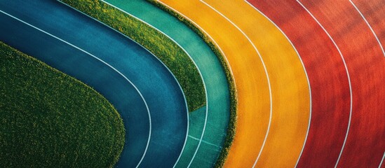 Colorful Running Track: Aerial View of a vibrant, curved running track with multiple lanes in shades of blue, green, yellow, and red. The track is surrounded by green grass, 