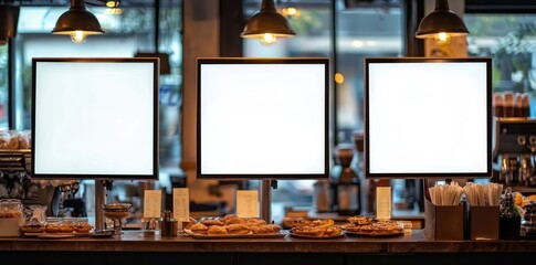 Three blank digital screens in a coffee shop with a minimalist design and warm, inviting atmosphere.