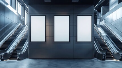 Blank white posters in a subway station with stairs and escalators in the background, ideal for advertising.