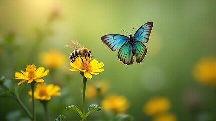 A Honeybee Collecting Nectar and a Butterfly in Flight Among the Yellow Flowers, Soft Focus Bokeh Background, Warm Sunlight, Detailed Wings, Close Up, Gentle, Nature’s Beauty