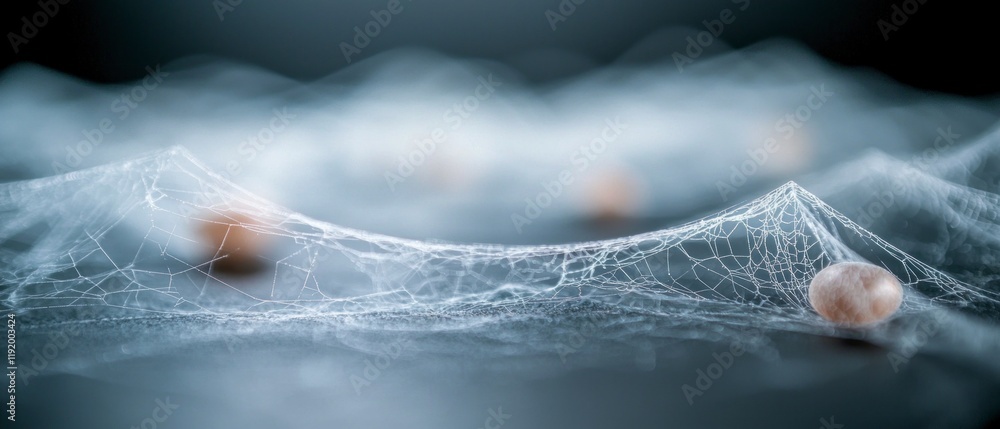 Poster intricate spiderweb with dew drops and eggs macro photography