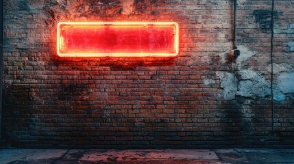 Fototapeta premium Blank Neon Sign on Brick Wall: A backdrop for urban stories, glowing with potential against a weathered brick canvas. Perfect for showcasing messages, brands, or setting a vibrant scene.