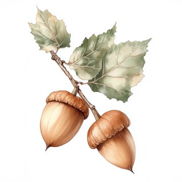 watercolor acorns leaves branch white background clip art preview