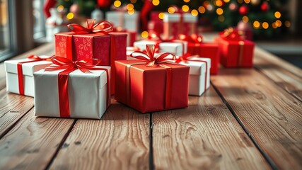 Obraz premium Christmas Gift Giving - Red & White Presents on Wood, Flat Lay