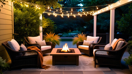 Fototapeta premium A cozy outdoor patio surrounded by lush greenery, string lights gently glowing above, comfortable wicker chairs with soft cushions arranged around a rustic wooden coffee table