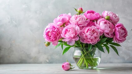 Fototapeta premium Beautifully arranged pink peony flowers in a elegant vase with lush greenery and delicate stems creating a stunning floral bouquet, pink peonies, fresh flowers