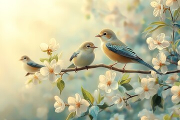 Fototapeta premium A group of cute little birds perched on a branch, surrounded by blooming flowers and green leaves, creating a serene springtime atmosphere.