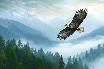 Majestic Bald Eagle Soaring Above Misty Mountains