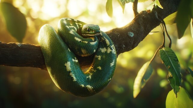 A green tree python coiled around a branch, bathed in the warm glow of the setting sun.