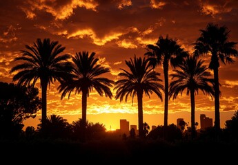 Obraz premium A sunset over a palm tree forest with a city in the background