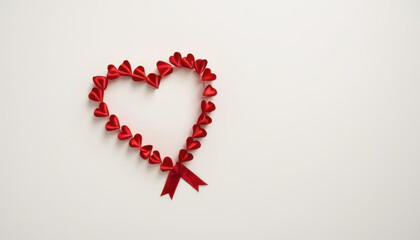 Red ribbon forming heart shape with scattered red hearts on white