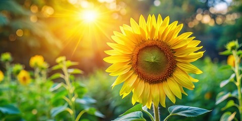 Fototapeta premium A bright yellow sunflower with big petals facing towards the warm sunlight and green leaves stretching up high in the beautiful July garden, summer, nature