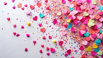 Colorful pink paper hearts scattered on a white background with confetti overlay in a party atmosphere, playful, bubbly