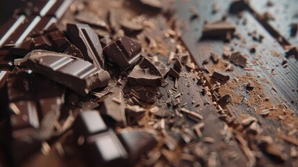 Close-up of broken chocolate pieces scattered on a wooden surface.