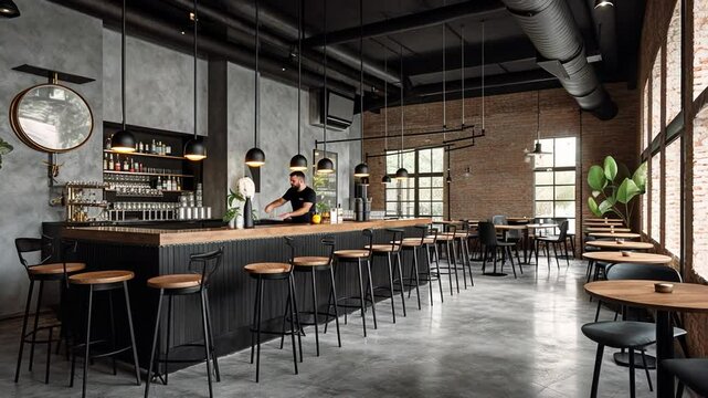 Modern bar interior with brick walls, wooden bar top, black metal stools, and pendant lighting.