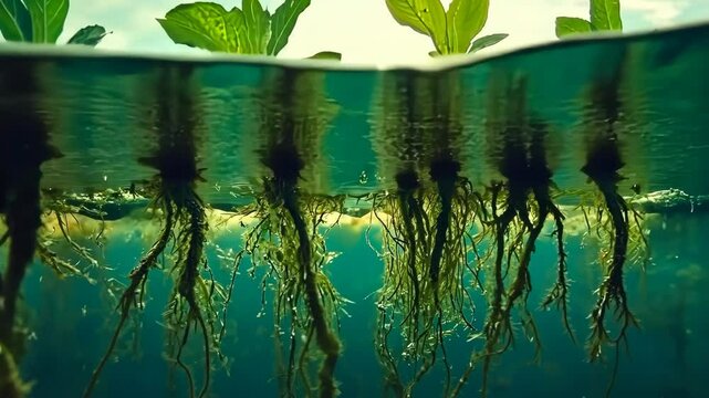 Underwater view capturing unique root structures of aquatic plants in a serene setting