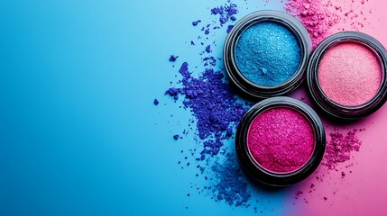Colorful eyeshadow palettes on blue and pink background