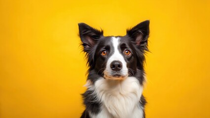 Fototapeta premium Intelligent Border Collie sitting on a bright yellow background with its ears perked up and eyes focused on something in the distance , herding, yellow background