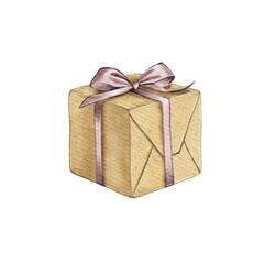 Watercolor yellow, beige Gift Boxes. High quality illustration. Ideal for congratulations on holidays, birthdays. New Year's surprise. Holiday box with ribbon and bow in paper wrapper. Design element