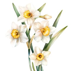 Fototapeta premium Watercolor Yellow Jonquil Isolated on White Background. Beautiful Jonquil Flower