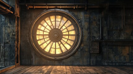 Grungy Industrial Room Interior with Large Circular Window Steampunk Design Aged Metal