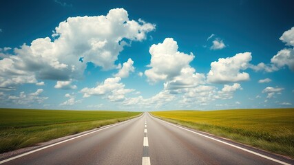 Fototapeta premium Empty Road Through Green Fields - Breathtaking Sky Landscape