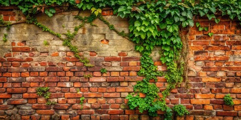 Ancient stone wall with worn red brick texture, overgrown with vines and moss, vintage, old, vintage, old