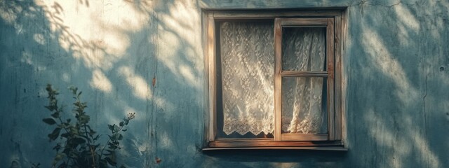 Rustic Window with Lace Curtains Sunlit Wall Vintage Exterior Shadowy Greenery