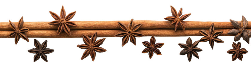Star anise and cinnamon stick arrangement. transparent background