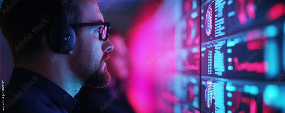 Poster focused man analyzing data on futuristic digital interface.