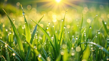 Lush green grass sways gently in the breeze on a warm sunny morning, with dew drops glistening on its blades