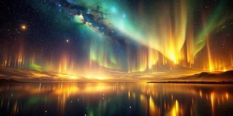 Iridescent aurora borealis in a dark golden twinkle background