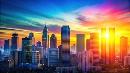 Fototapeta premium Colorful Title Text Overlaid on a Minimalist Cityscape at Sunset, minimalist design, colorful title overlay cityscape sunset minimalism urban landscape photography