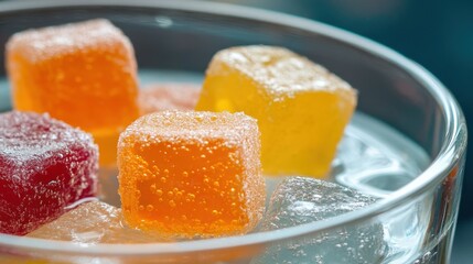 Colorful Gelatin Cubes in Sparkling Beverage