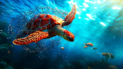 Obraz premium A vibrant sea turtle swims gracefully through a serene underwater environment.