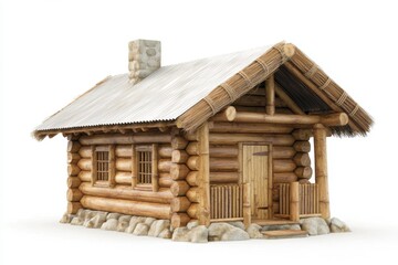 Rustic log cabin with thatched roof, stone chimney, and small porch. Ideal for fairytale, nature, or rural themed projects.
