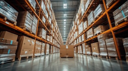 Fototapeta premium Warehouse Logistics and Supply Chain Management: A View Down the Aisle of a Modern Distribution Center
