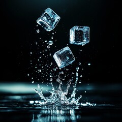 Ice cubes splashing into water, creating dynamic motion and refreshing vibes.