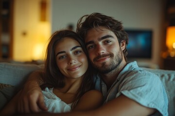 Obraz premium A man and woman are sitting on a couch and smiling at the camera