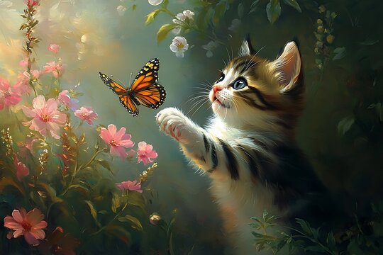 cat playing with butterflies