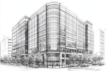 Modern Sketch of a Glass Office Building Design